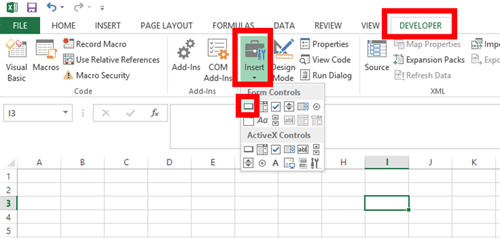 Excel, Developer Tab, Insert